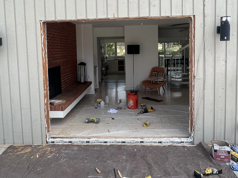 A door pan flashing installed